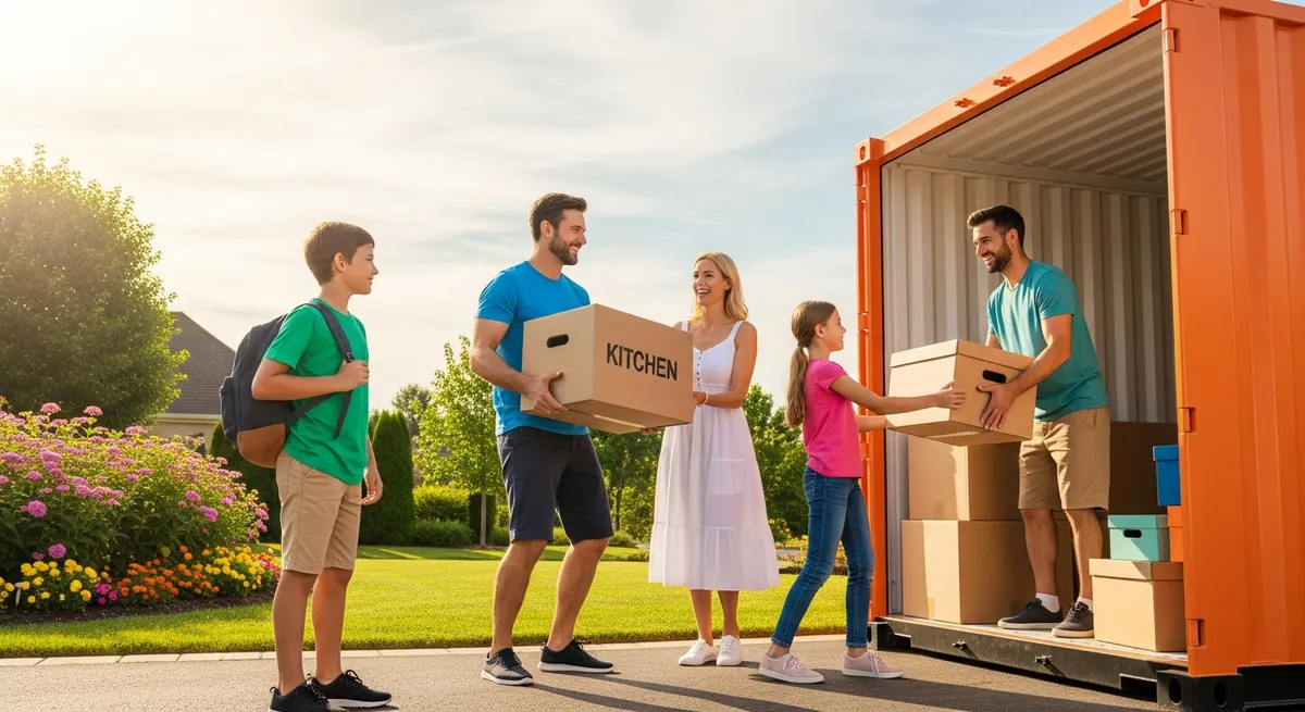 Family loading belongings into a portable storage container