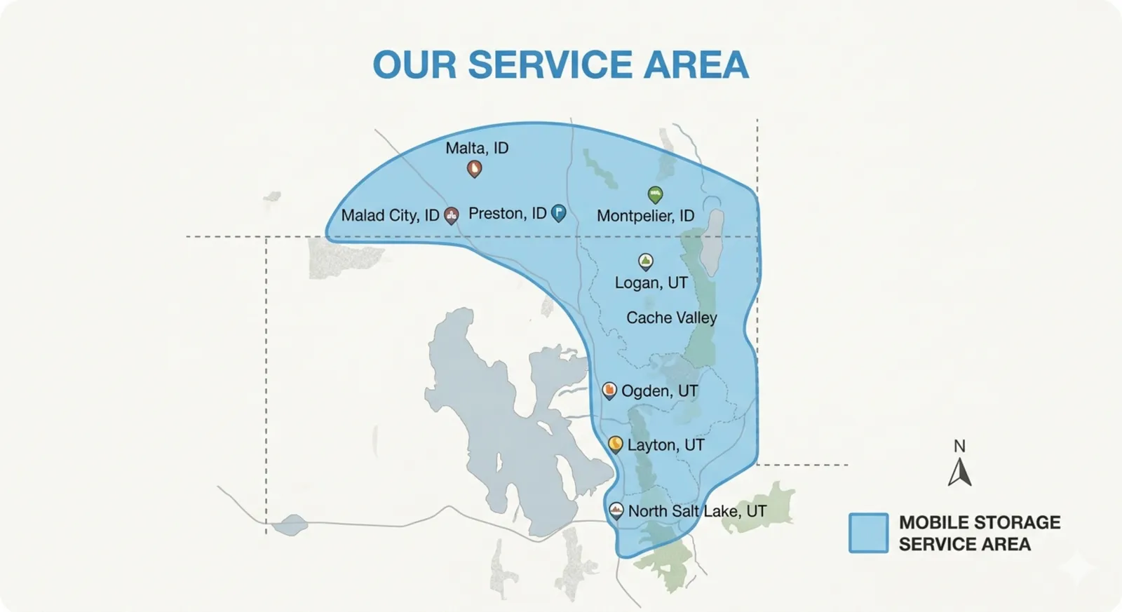 Drop Off Storage service area map covering Northern Utah and Southern Idaho including Box Elder, Weber, Cache, Davis, and Morgan counties